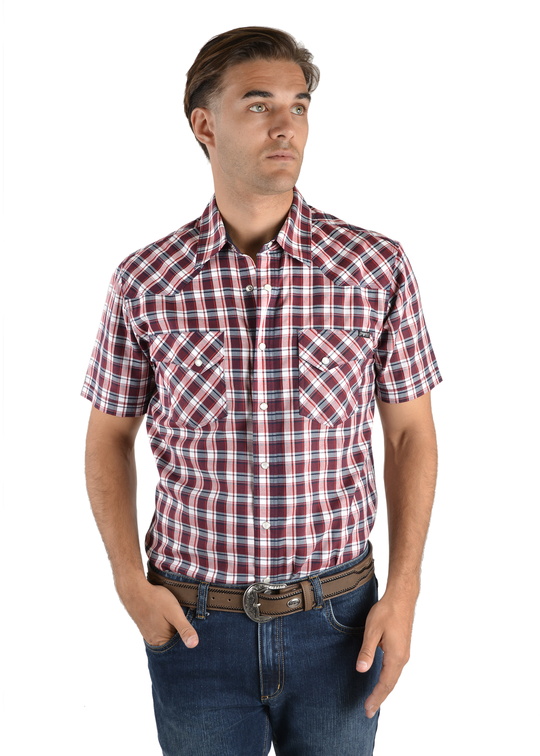 P2S1102587 Mens Edward Check Western S/S Shirt Navy/Red